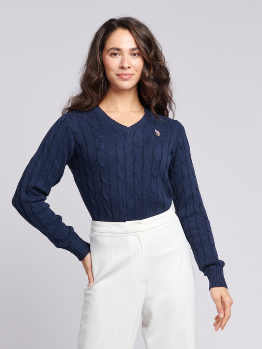 US Polo Assn Women's V-Neck Cable Knit Jumper