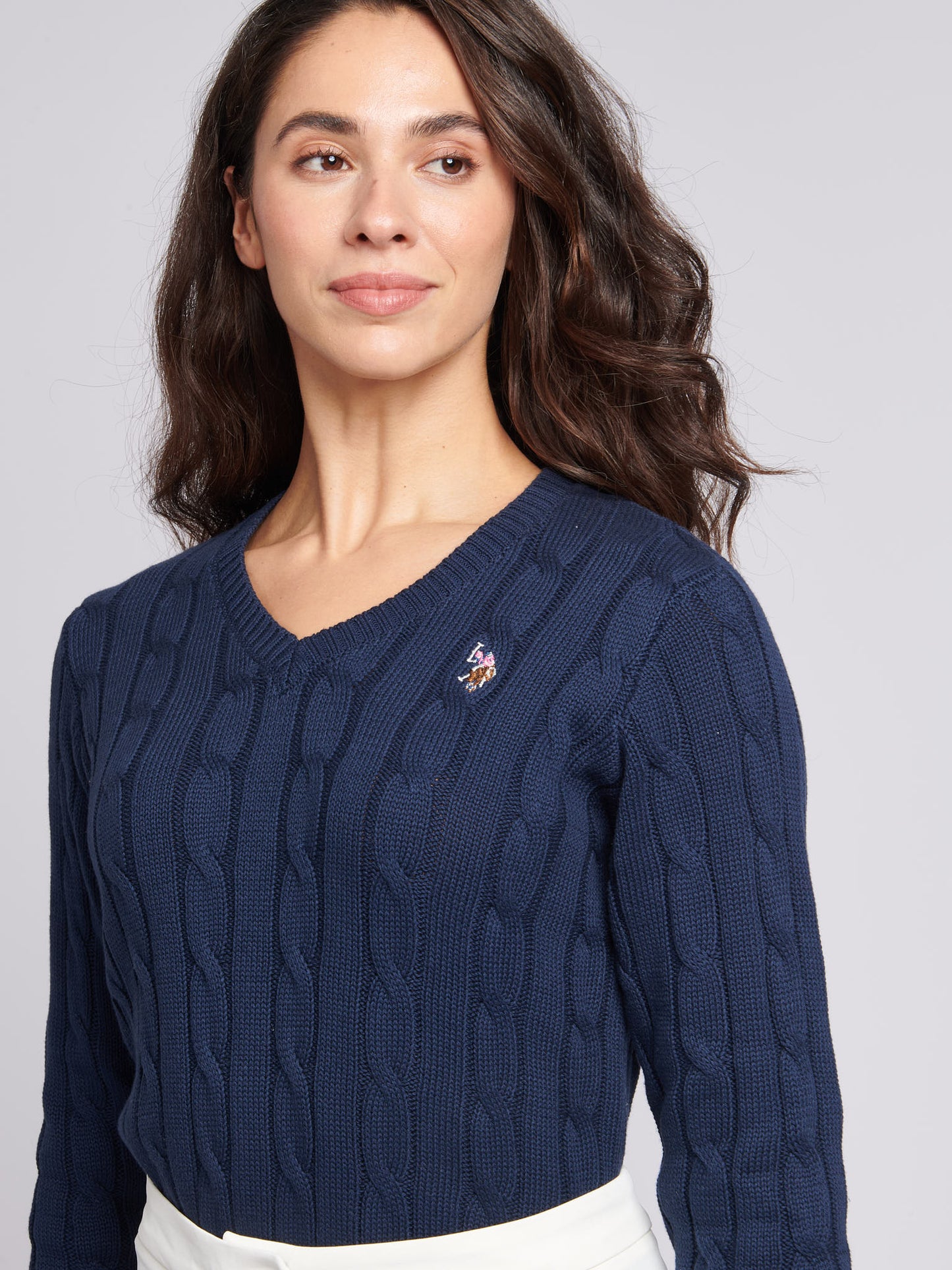 US Polo Assn Women's V-Neck Cable Knit Jumper