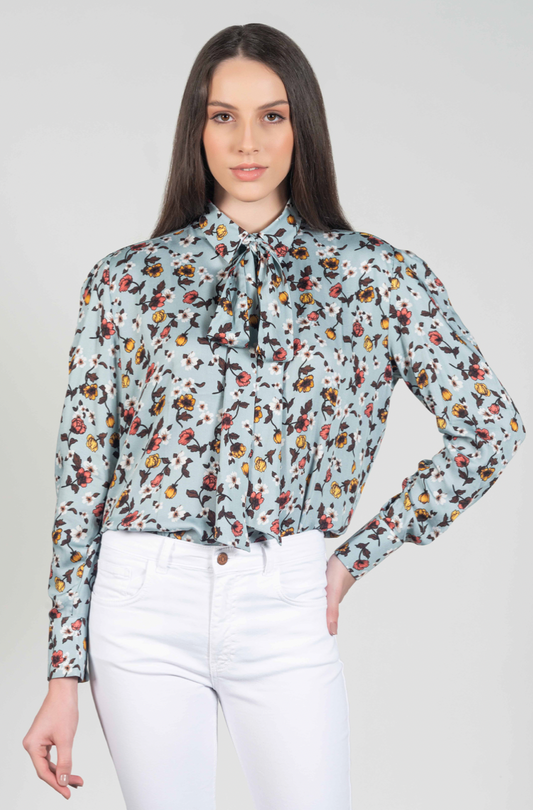 Lisa Grey Flowers Shirt with Removable Bow Tie