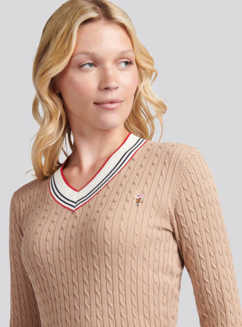 US Polo Fine Cable Contrast V-Neck Jumper